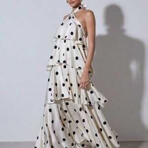 Multicolor Elegant Women's Polka Dot Tiered Maxi Dress with Ruffle Hem
